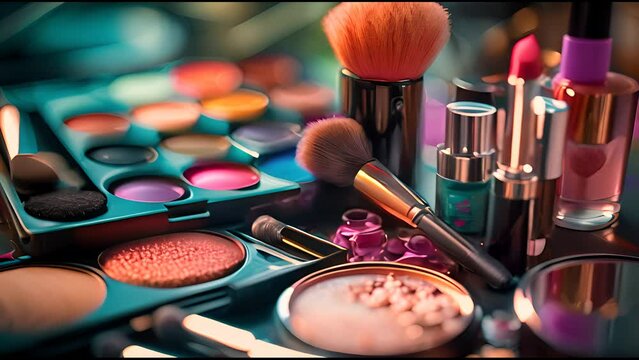 Makeup beauty studio with diverse cosmetics.