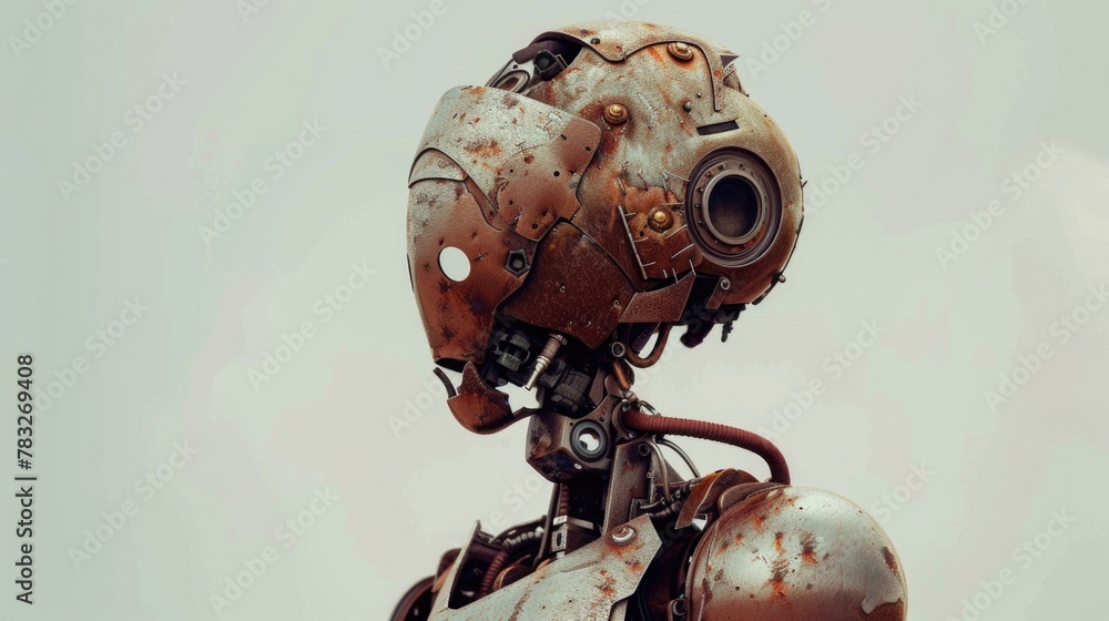 Poster Close up of a robot's head with a cloudy sky in the background. Suitable for technology and futuristic concepts
