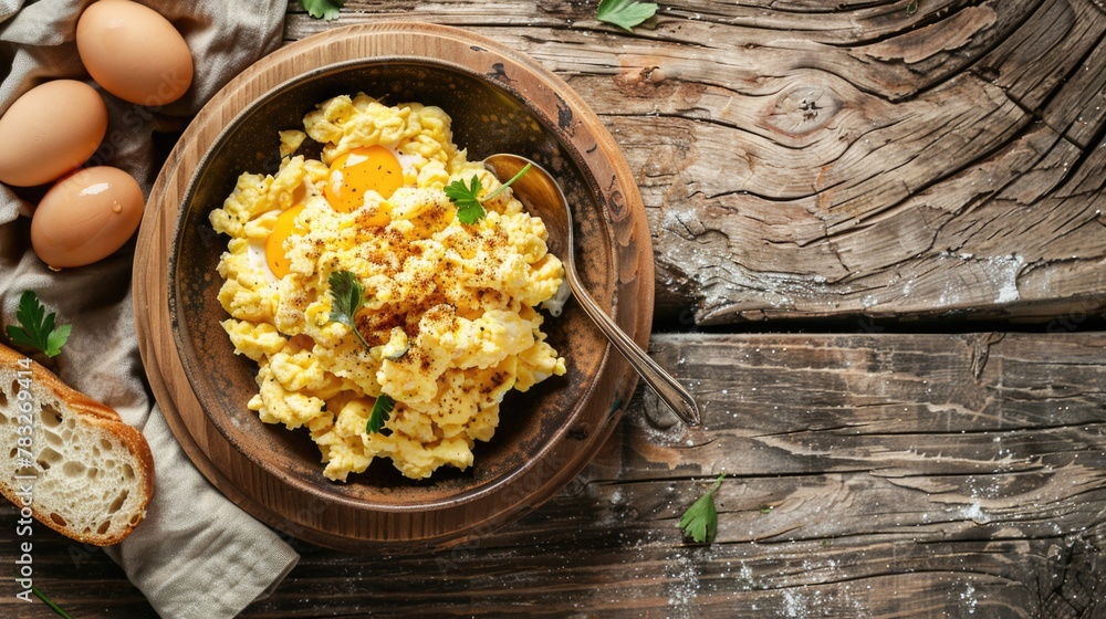 Aufkleber fresh eggs and bread displayed on rustic wooden table, ideal for food blogs or cooking websites