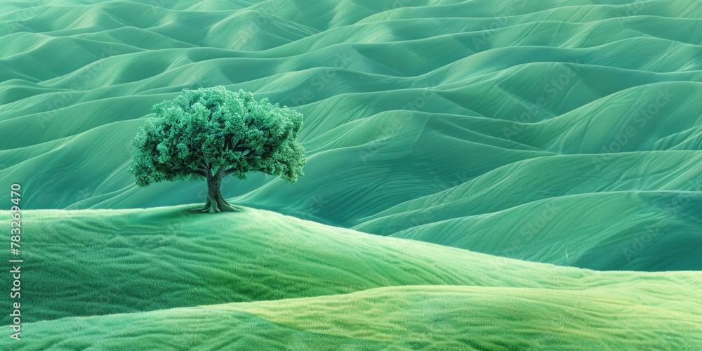Poster a lone tree standing in the middle of a vast green field. suitable for nature and landscape themes