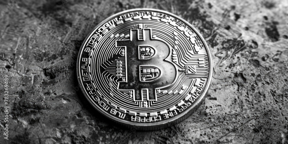 Poster a single bitcoin on a wooden table. suitable for finance and cryptocurrency concepts