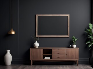 Mockup frame on cabinet in living room interior on empty dark wall background.
