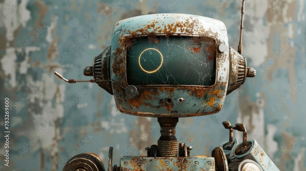 Poster A rusty robot with a green screen on its head. Ideal for technology and sci-fi concepts