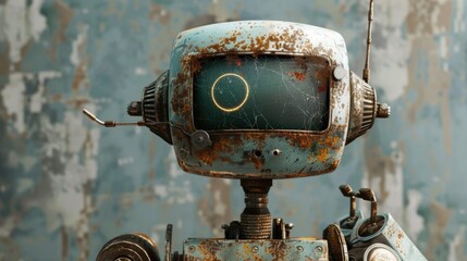 A rusty robot with a green screen on its head. Ideal for technology and sci-fi concepts - obrazy, fototapety, plakaty