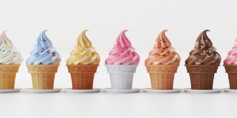 A row of various colored ice cream cones. Suitable for summer-themed designs