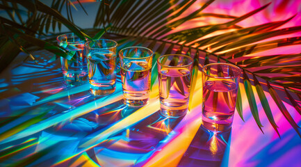 Colorful glasses arranged on palm leaves with colorful shadows 