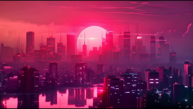 Neon sun sets behind a retrowave style cityscape.