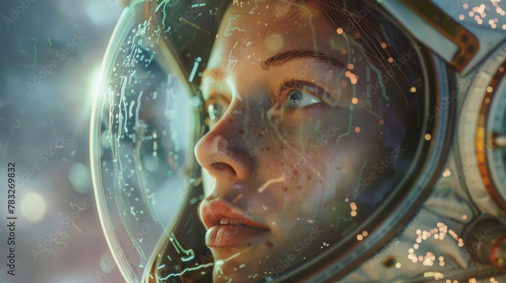 Poster close up of a person in a space suit, suitable for scientific and space exploration concepts