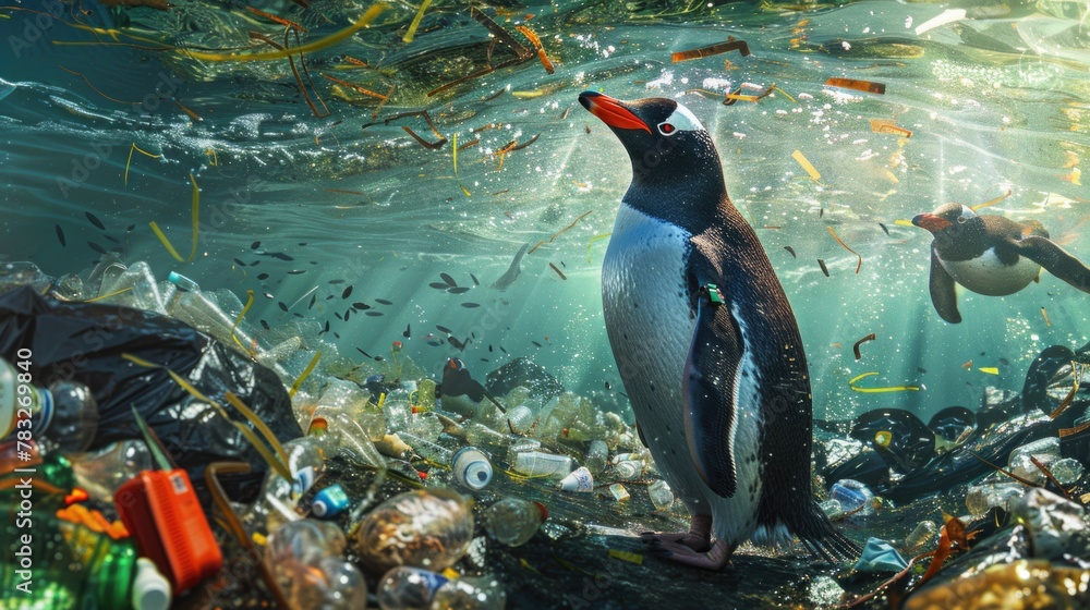 Poster a penguin standing on top of a pile of trash. suitable for environmental and waste management concep