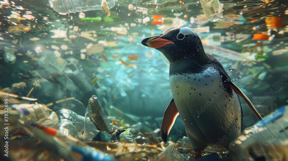 Poster a penguin standing in a pile of garbage, suitable for environmental concepts
