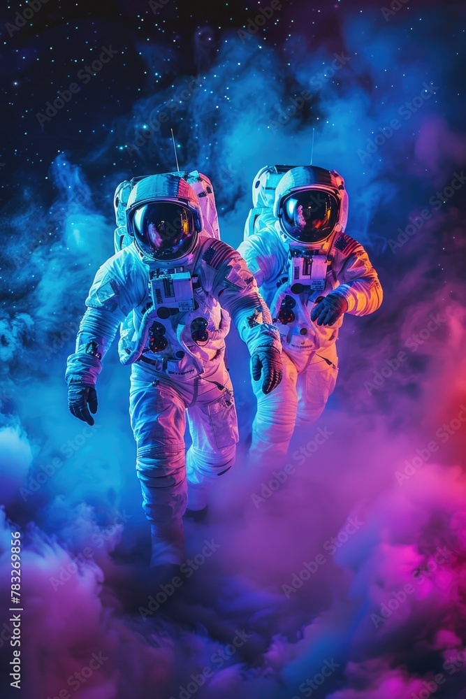 Poster two astronauts walking through a cloud of smoke. suitable for space exploration concepts