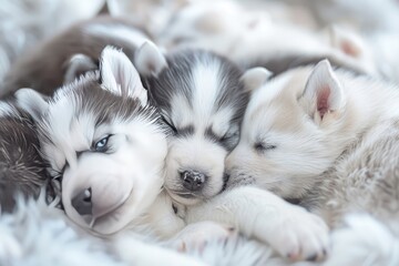 Litter of Siberian husky puppies huddled together for a nap with their blue eyes barely open