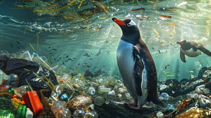 A penguin standing on top of a pile of trash. Suitable for environmental and waste management concepts