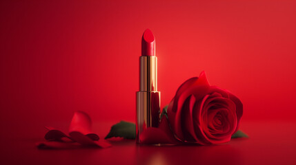Obraz na płótnie Canvas A red lipstick with red rose and red background for advertisement work