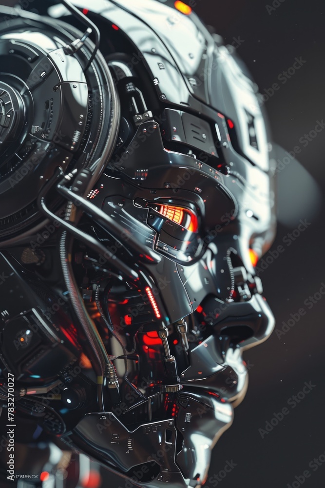 Poster Detailed close up of a robot's head, suitable for technology and artificial intelligence concepts