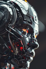 Detailed close up of a robot's head, suitable for technology and artificial intelligence concepts