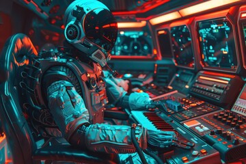 A man in a space suit working on a computer. Suitable for technology and space exploration concepts
