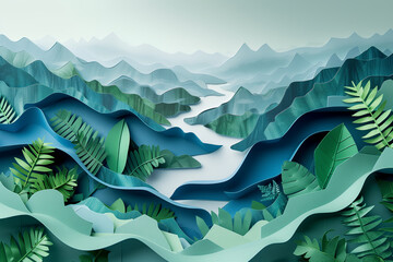 Paper cutting, natural view of forest, mountains and rivers.