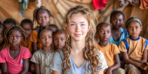 Obraz premium Young Volunteer Girl with Local Children in Rural Classroom Setting