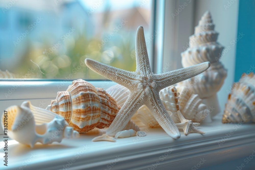 Poster shells and starfish displayed on a window sill. ideal for beach-themed designs