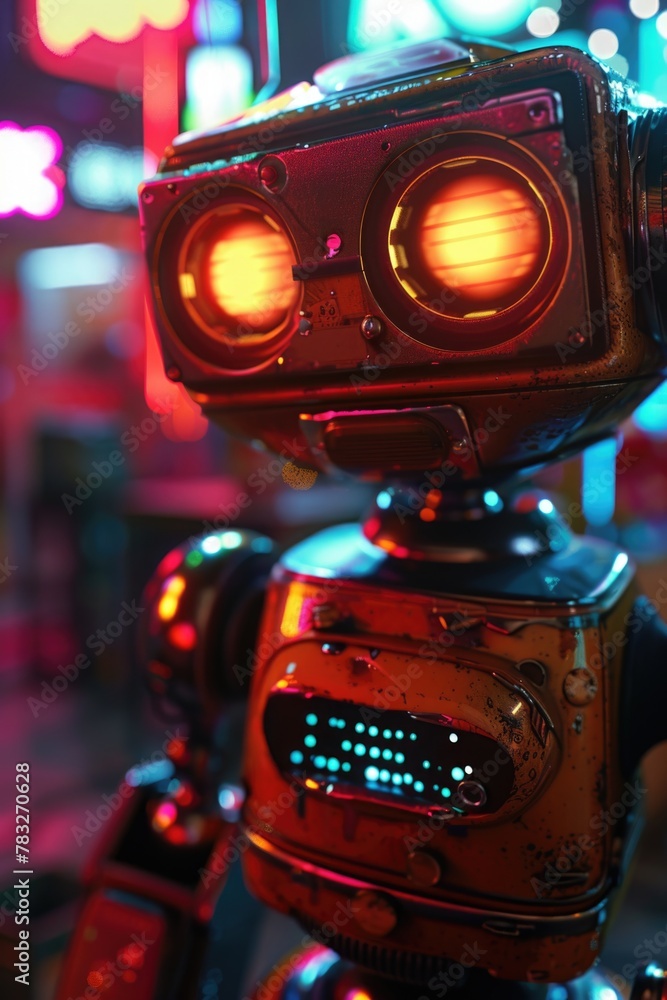 Poster a close up of a robot on a city street. suitable for technology and urban concepts