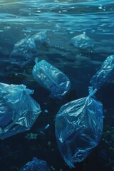 Plastic bags floating on water, suitable for environmental themes