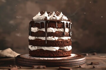 Delicious chocolate cake with creamy white frosting and chocolate chips, perfect for bakery or dessert concepts - obrazy, fototapety, plakaty
