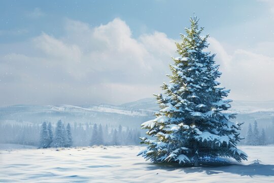 A serene winter scene with a lone pine tree in a snowy field. Ideal for winter and nature themed projects