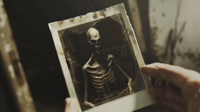 A person holding a picture of a skeleton. Suitable for educational or Halloween-themed projects
