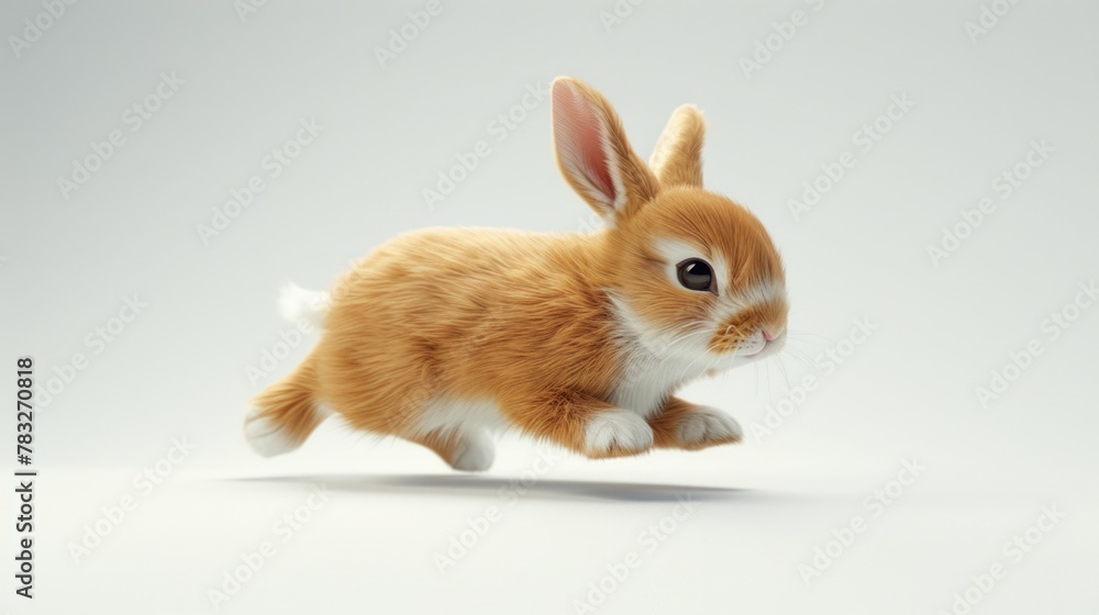 Poster A brown and white rabbit running on a white surface. Suitable for various projects