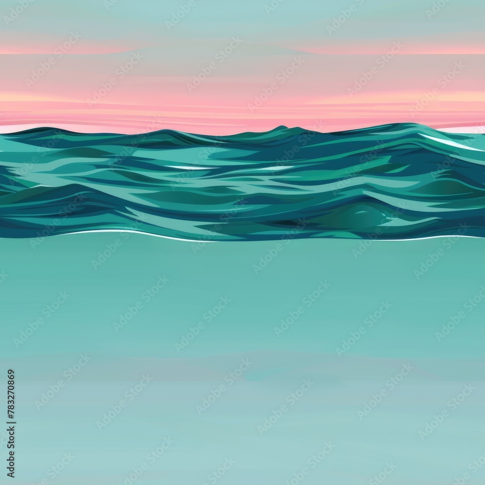 Poster a serene ocean painting with a pink sky background. suitable for various design projects