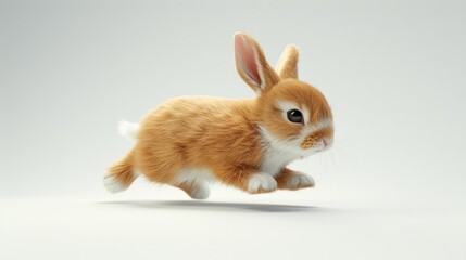 A brown and white rabbit running on a white surface. Suitable for various projects