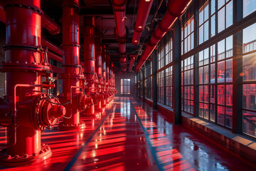 Selective focus of Red water pipes and fire extinguishing system valves in the building.