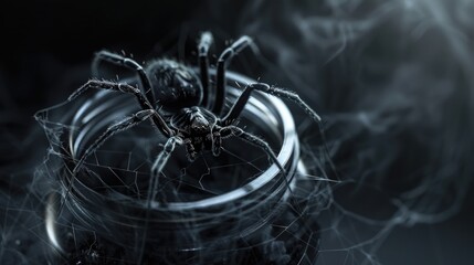 A spider sitting on top of a glass jar. Suitable for science or Halloween themes - obrazy, fototapety, plakaty