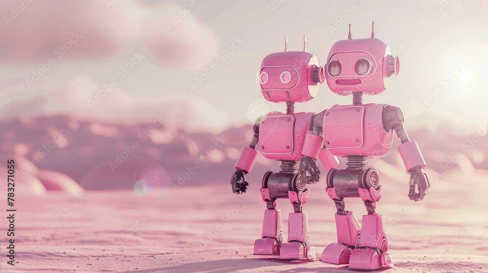 Poster Two pink robots side by side. Perfect for technology concepts