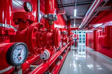 Selective focus of Red water pipes and fire extinguishing system valves in the building.