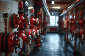 Selective focus of Red water pipes and fire extinguishing system valves in the building.