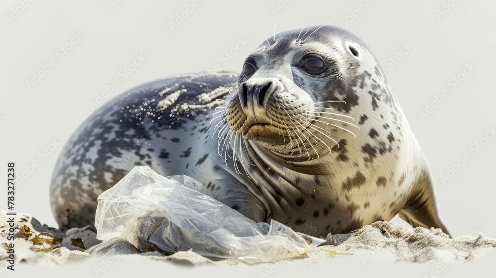 Poster a seal resting on a pile of garbage, suitable for environmental themes