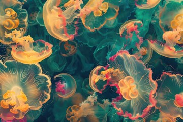 A group of jellyfish swimming in the ocean. Perfect for marine-themed designs - obrazy, fototapety, plakaty