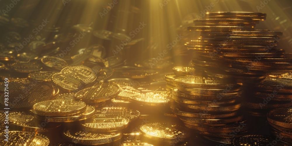 Poster a pile of gold coins stacked on top of each other. perfect for financial concepts and wealth illustr