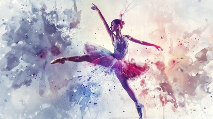 A woman in a tutu gracefully dances in mid-air. Perfect for dance or performance concepts - obrazy, fototapety, plakaty