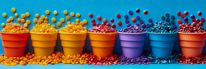 Colorful Plastic Pellets in Buckets on a Blue Background
