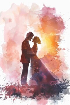 Romantic image of a bride and groom kissing at sunset. Perfect for wedding or love-themed projects