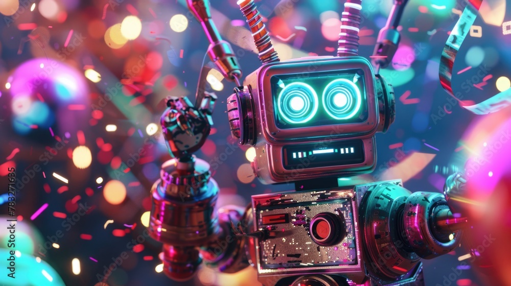 Poster Robot standing in front of confetti, suitable for technology concepts