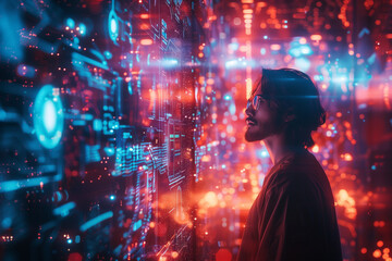 Fototapeta premium Selective focus of A businessman stands in front of a screen displaying digital media content, a holographic image that illuminates the background as a futuristic scene.