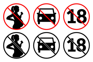 Prohibition sign Of Pregnant Woman Drinking Alcohol, no 18, no drive. Vector icon set for whiskey alcohol bottle