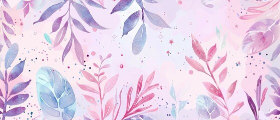 pastel punk botanical art pattern of spring plants, vintage painting, forest leaves, gouache painted illustrated pastel galaxy, watercolor, pastel colors, stars, unicorncore, sparklecore, cosmic