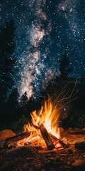 Campfire burning with milky way galaxy in background