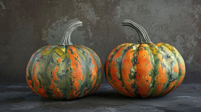 Two orange and green pumpkins on a table. Suitable for fall and Halloween themes