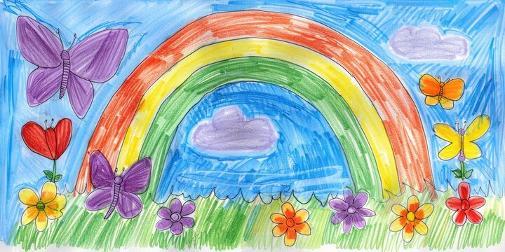 A simple colorful drawing of a rainbow with butterflies and flowers on the ground, children coloring book page. The background is a blue sky with clouds.